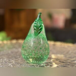 Green Art Glass Pear Sculpture 🍐 Hand-Blown Style • Vintage Inspired Home Decor